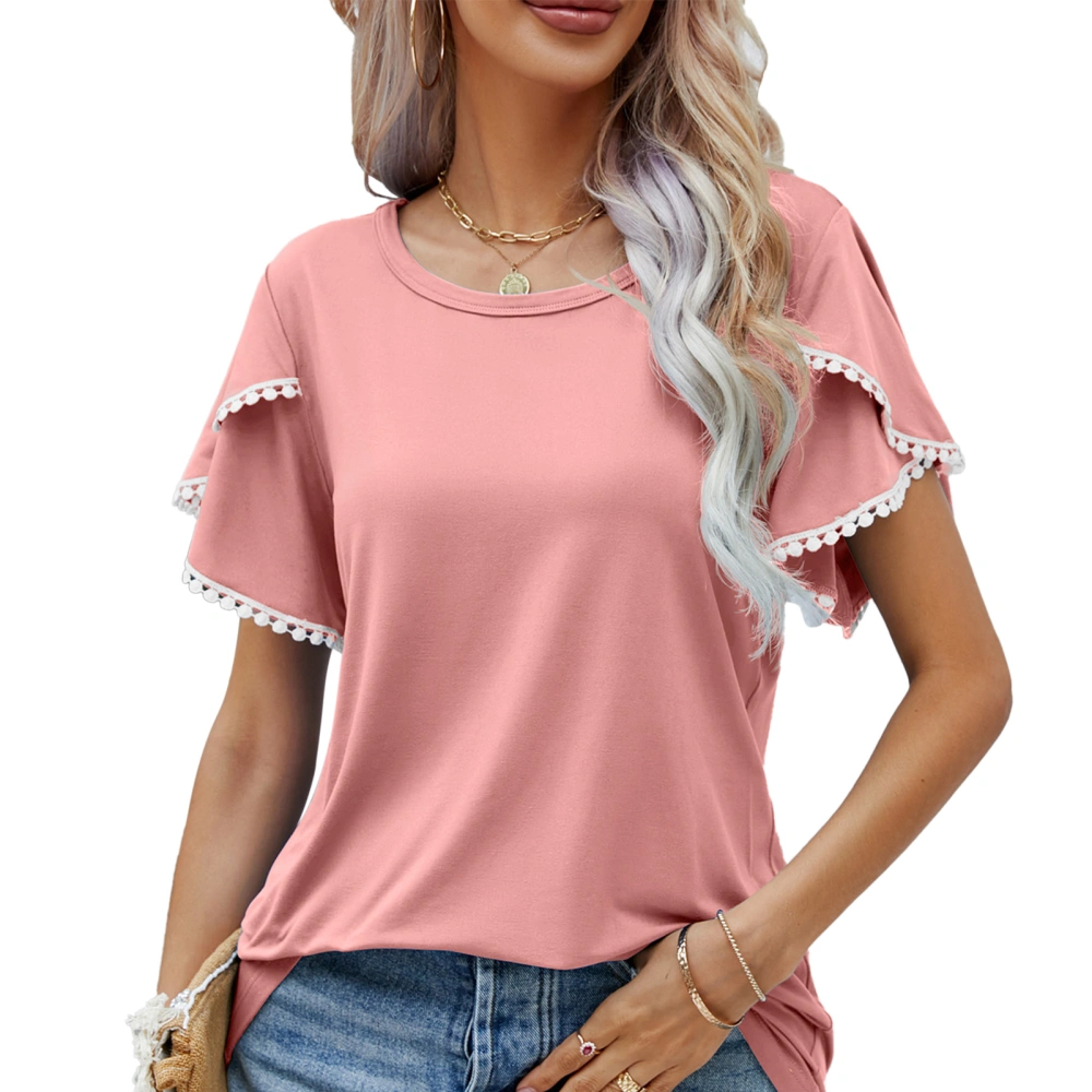 Lace Trim Petal Sleeve Top Women Casual Stylish Elegant Plain Color Crewneck Shirt Blouse for Beach Party Pink XL