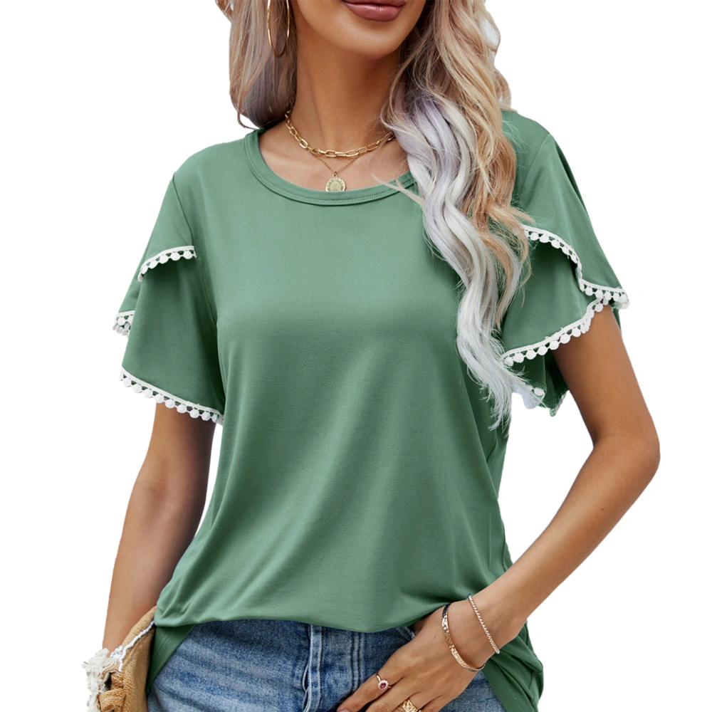 Lace Trim Petal Sleeve Top Women Casual Stylish Elegant Plain Color Crewneck Shirt Blouse for Beach Party Green XL