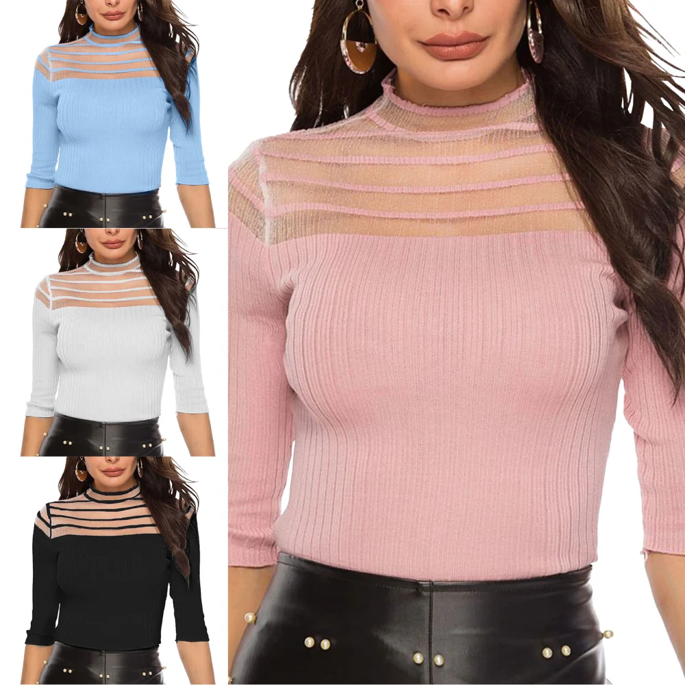 Women Blouse Half Sleeves Slim Fit Knitwear Knitted Top Casual Comfortable Shirt for Office Travel Pink S