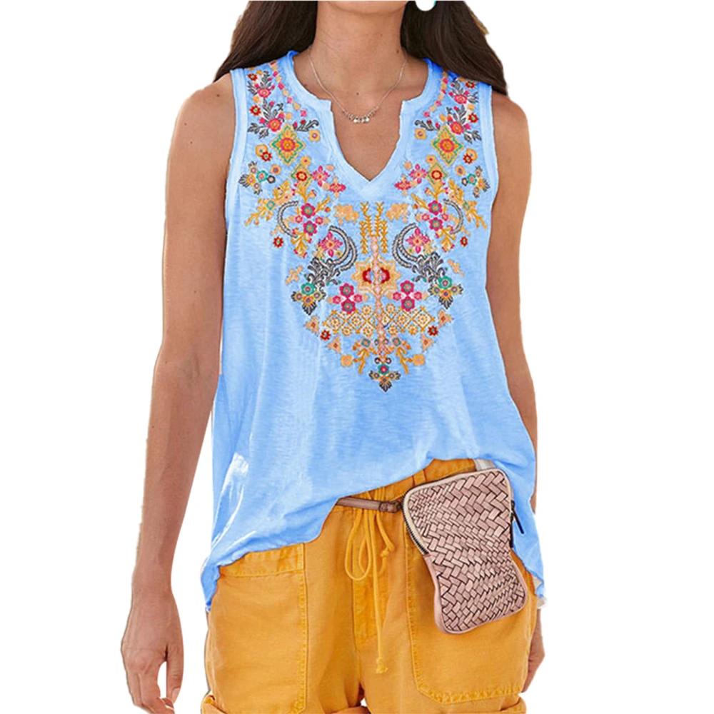 Ethnic Print Blouse Top Sleeveless V Neckline Ethnic Printed Blouse for Summer Dating Women Sky Blue M