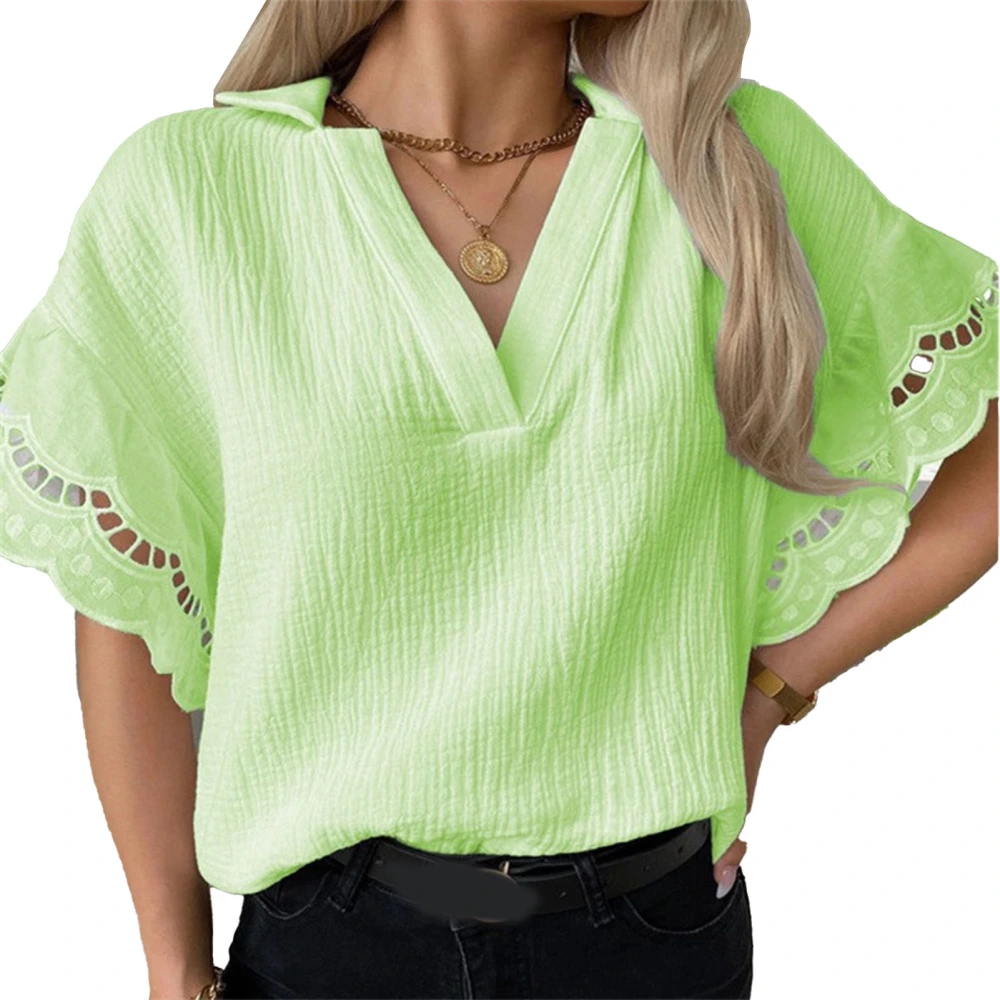 V Neck Top Polyester Breathable Short Sleeve Pure Color Lace Women T Shirt For Office Shopping Green S