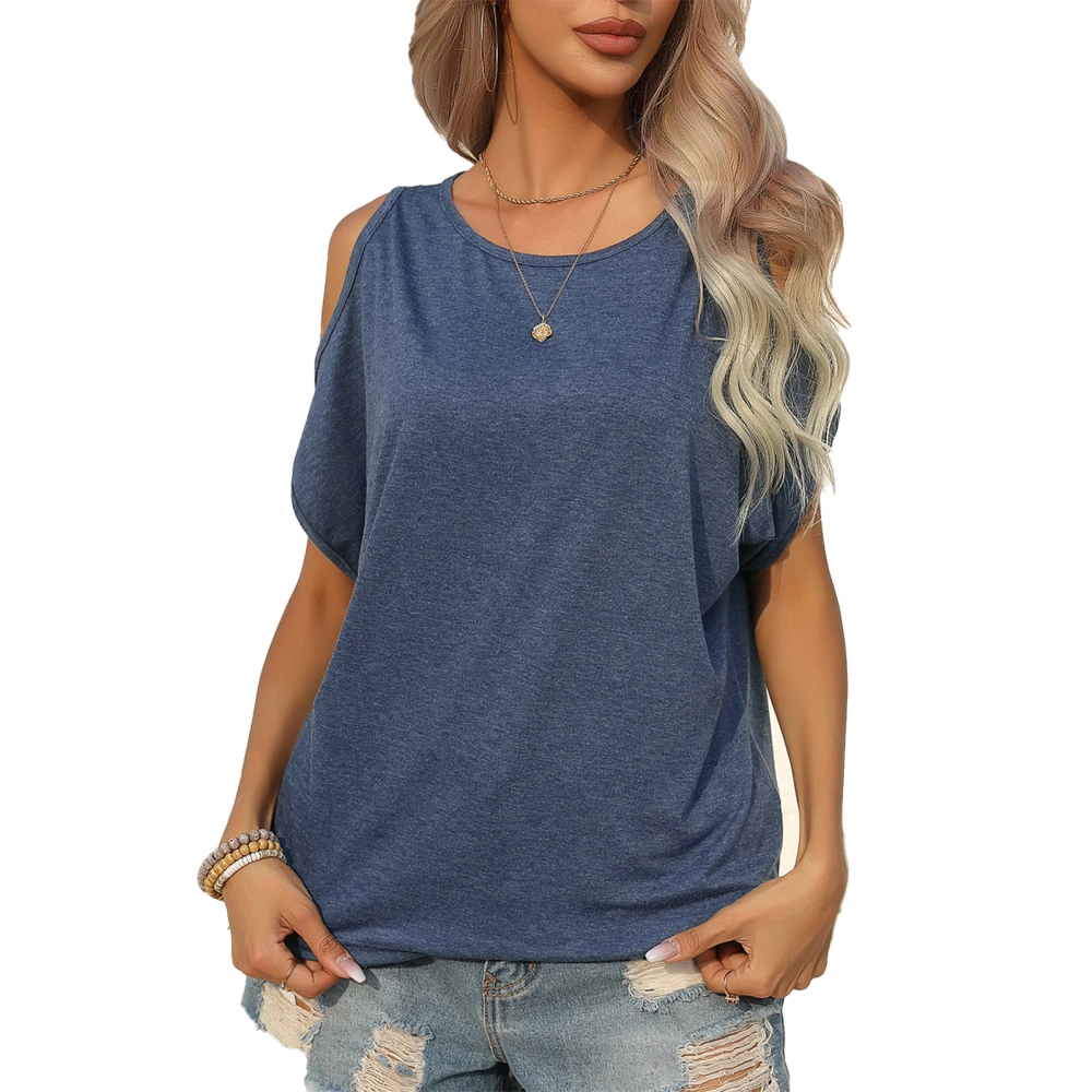 Cold Shoulder Blouse Pure Color Round Collar Loose Hem Casual Cold Shoulder Blouse for Women Lady Dating Blue XL