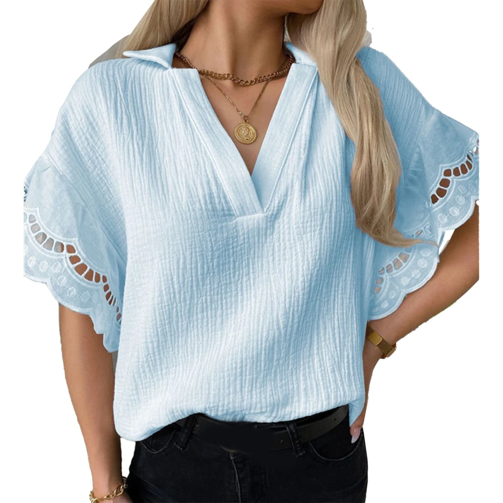 V Neck Top Polyester Breathable Short Sleeve Pure Color Lace Women T Shirt For Office Shopping Blue L