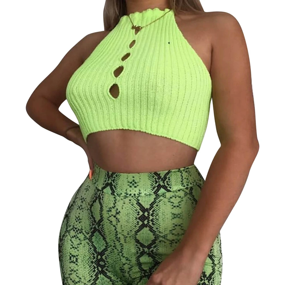 Woman Cut Out Vest Halter Neck Wrap Sleeveless Slim Fitted Ribbed Crop Tank Top Solid Color Short Knit Blouse Green M