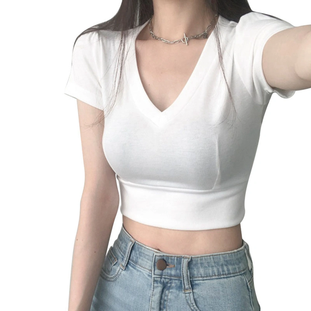 Women Short Sleeve Top V Neck Shirt Elastic Waist Top Charming Pure Color Blouse White M