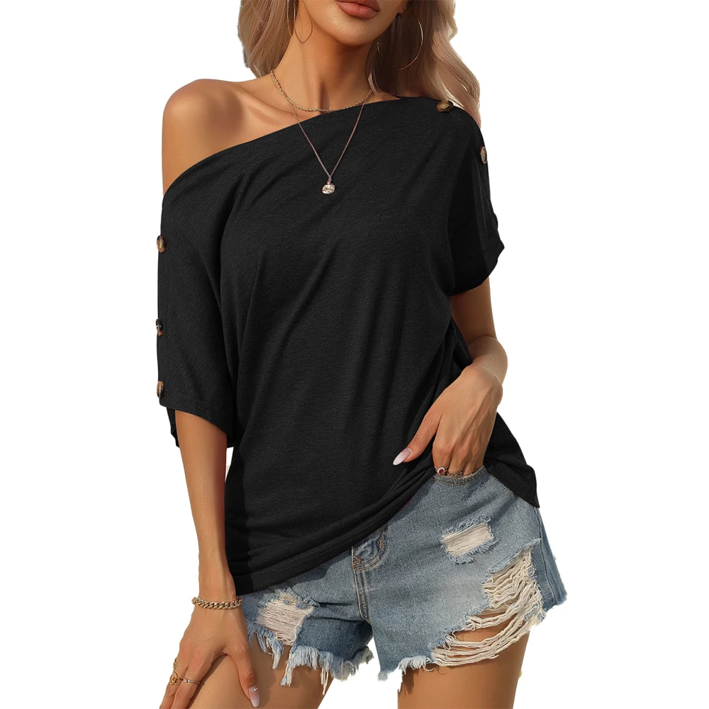 One Shoulder Blouse Plain Color Short Sleeve Side Button Off Shoulder Blouse Shirt for Women Dating Black XL