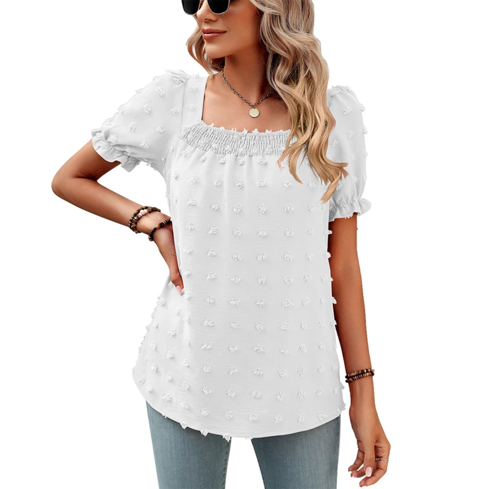 Lantern Sleeves Jacquard Blouse Pure Color Chiffon Jacquard Blouse Shirt for Women Dating White M