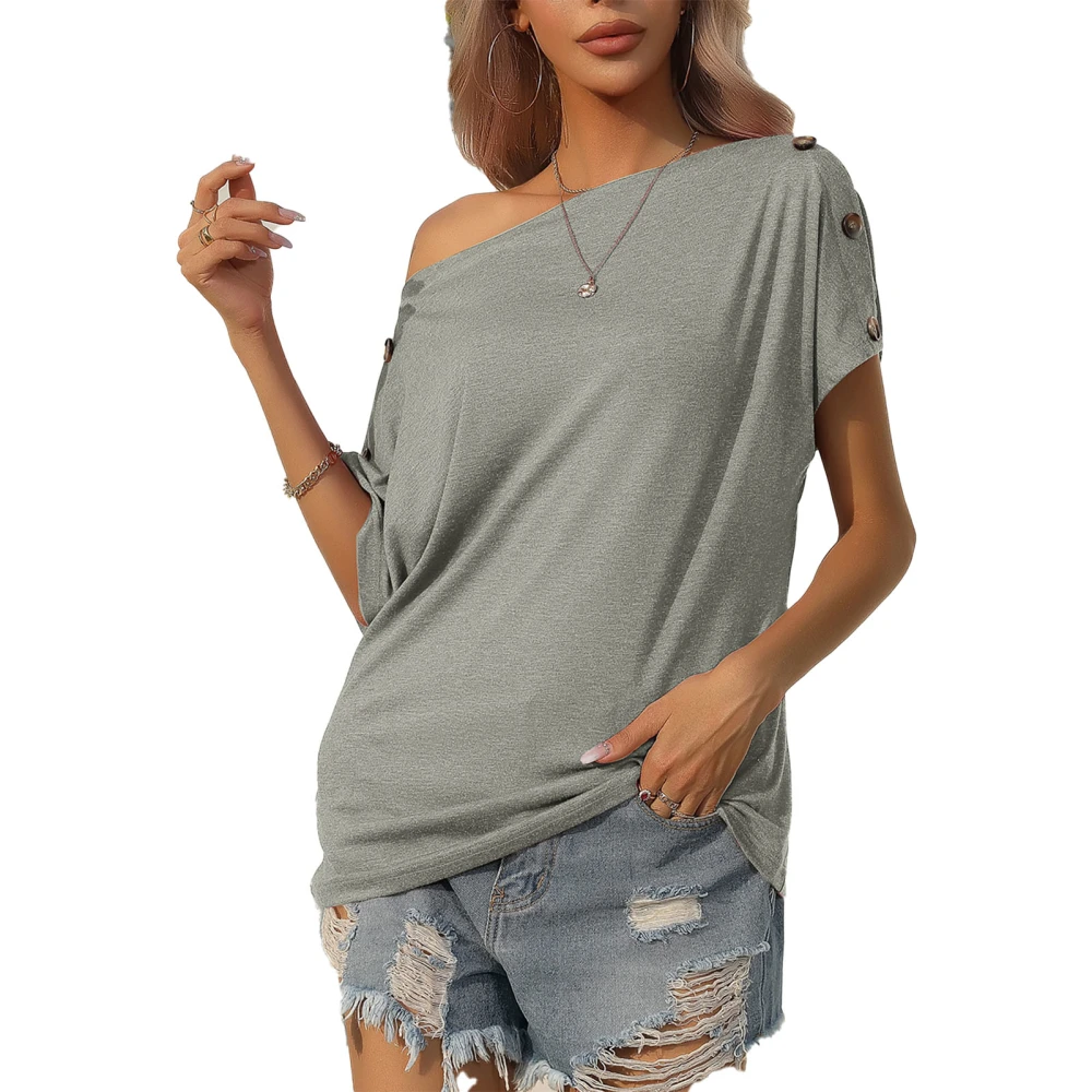 One Shoulder Blouse Plain Color Short Sleeve Side Button Off Shoulder Blouse Shirt for Women Dating Grey 2XL