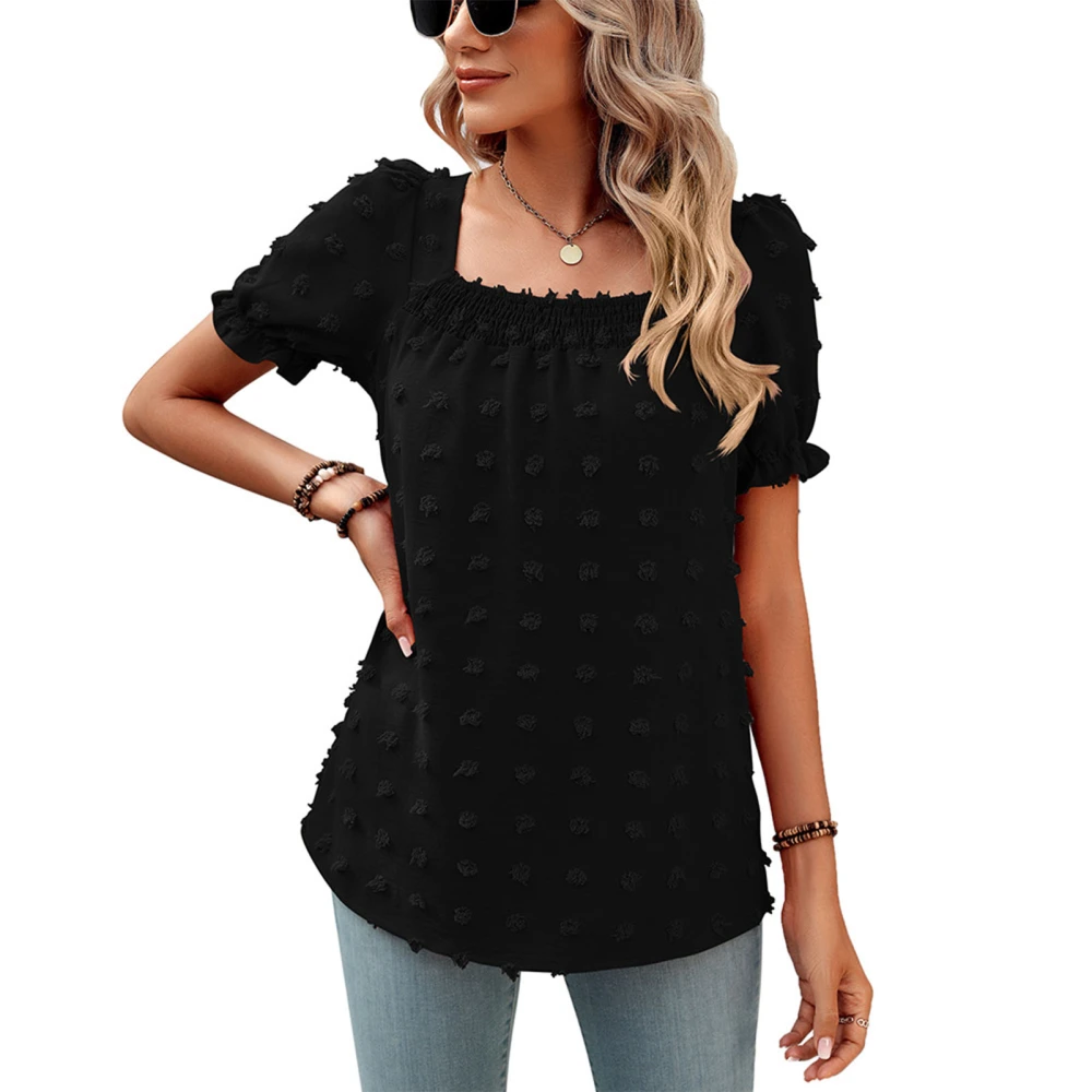 Lantern Sleeves Jacquard Blouse Pure Color Chiffon Jacquard Blouse Shirt for Women Dating Black S