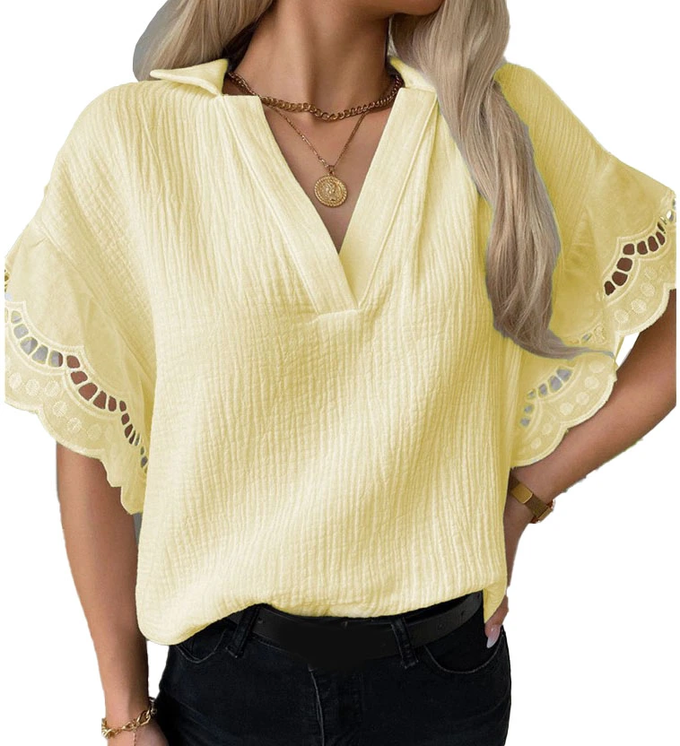 V Neck Top Polyester Breathable Short Sleeve Pure Color Lace Women T Shirt For Office Shopping Yellow S