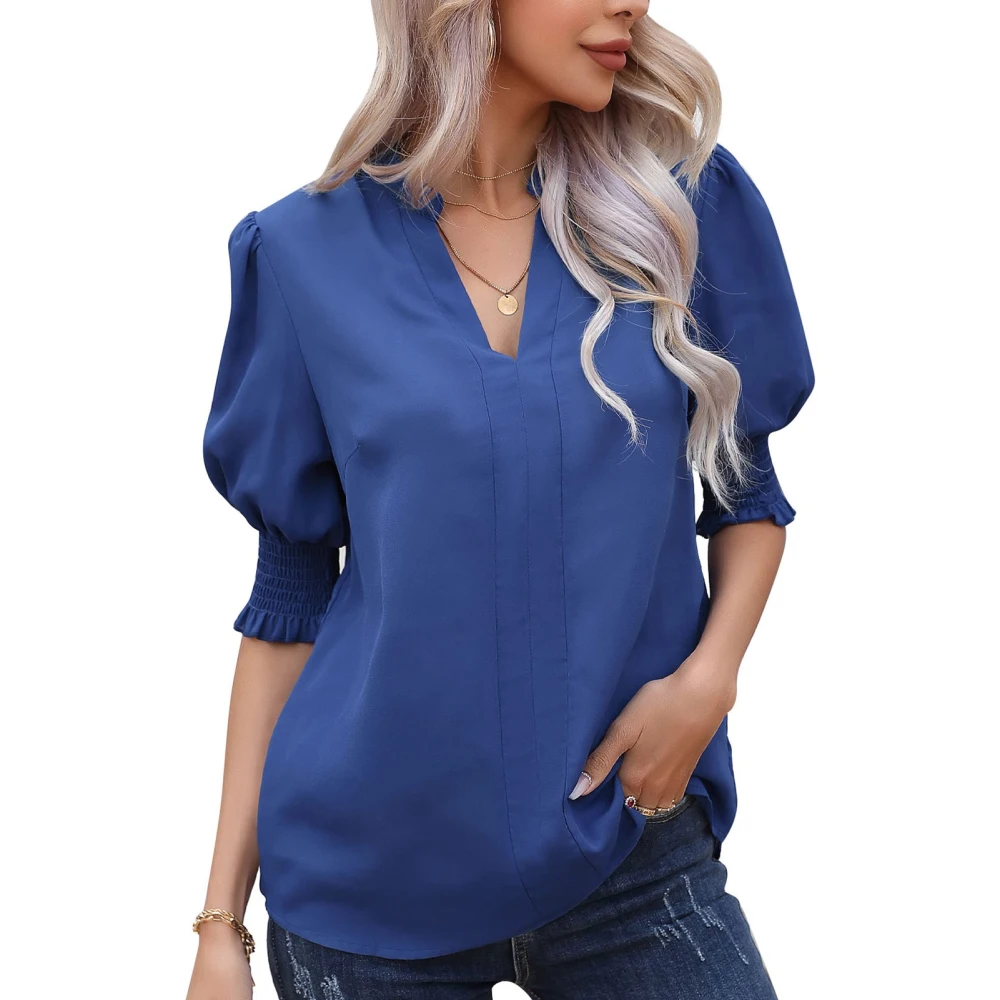 V Neck Chiffon Blouse Plain Color Half Lantern Sleeved Chiffon Blouse Shirt for Summer Women Blue XL