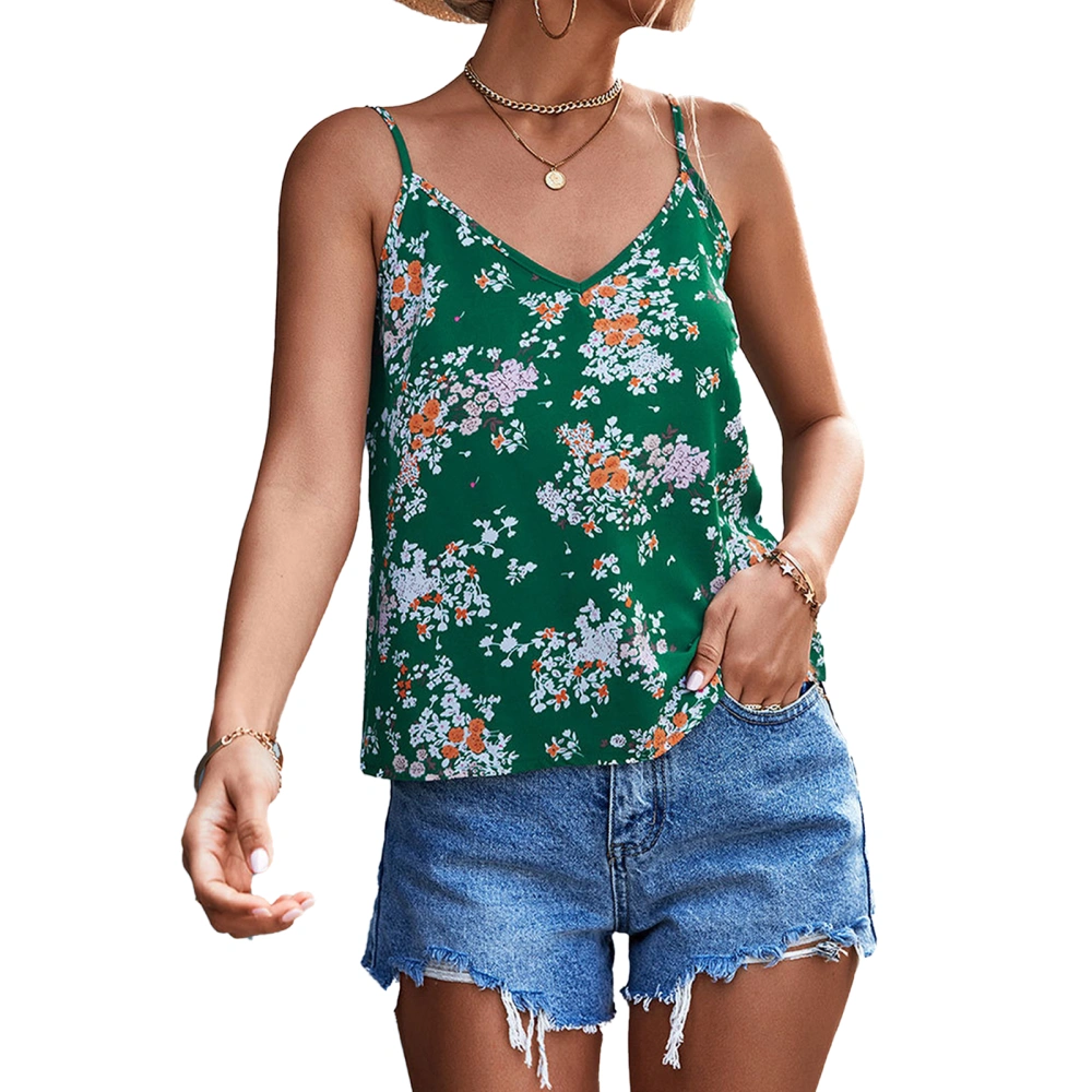 Strap Sleeveless Top V Neck Floral Print Loose Fit Casual Women Strappy Shirt for Spring Summer Dark Green L