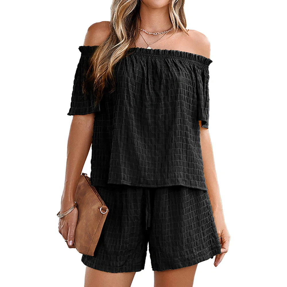 Women Off Shoulder Top Short Suits Summer Fashion Loose Pure Color Plaid Womens 2 Piece Outfits for Home Daily Travel Black XXL