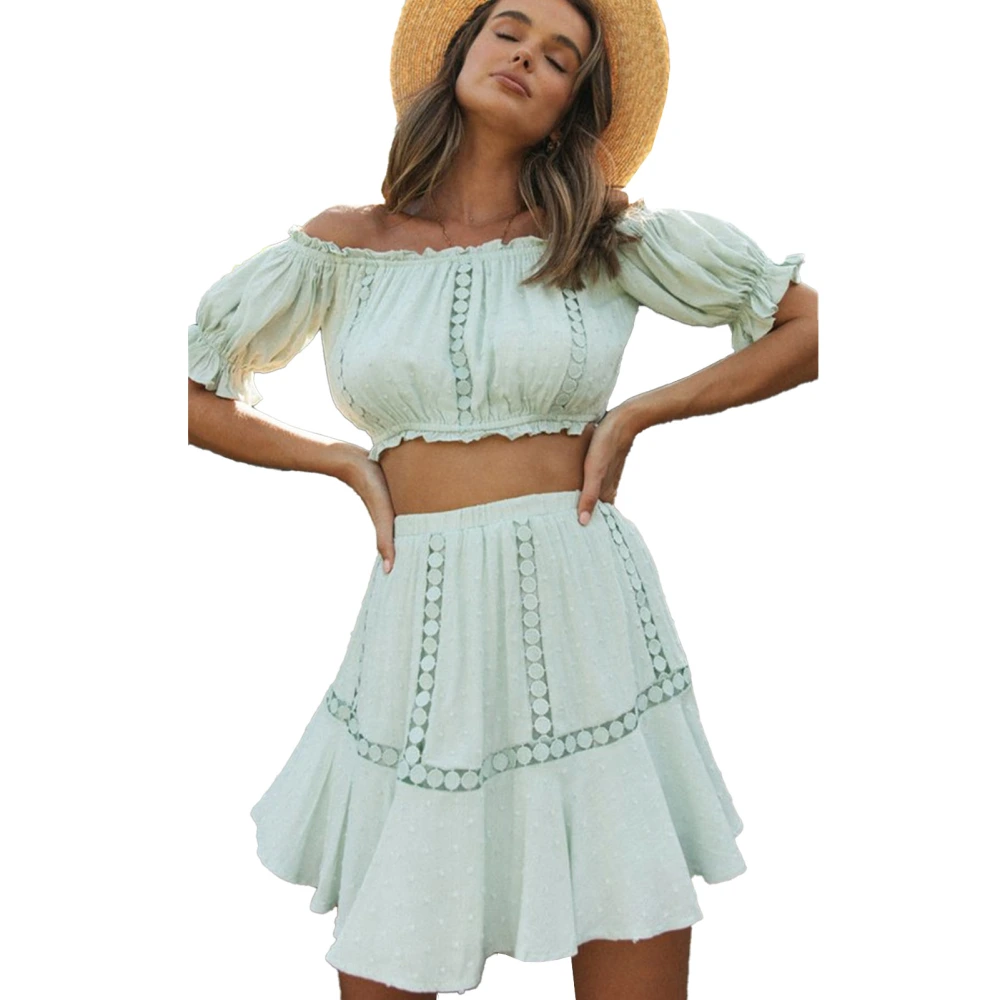 Women Two Piece Outfit Off Shoulder Ruffle Hem Frill Trim Lantern Sleeve Top Short Skirt Set Light Blue M