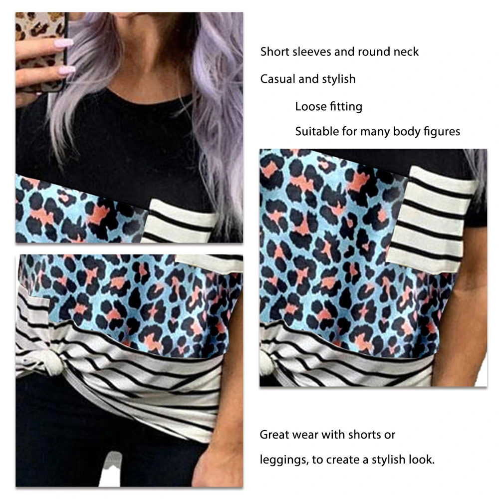 Women Round Neck T Shirt Printed Splicing Short Sleeves Loose Fitting Summer Casual Blouses Blue Patterns M