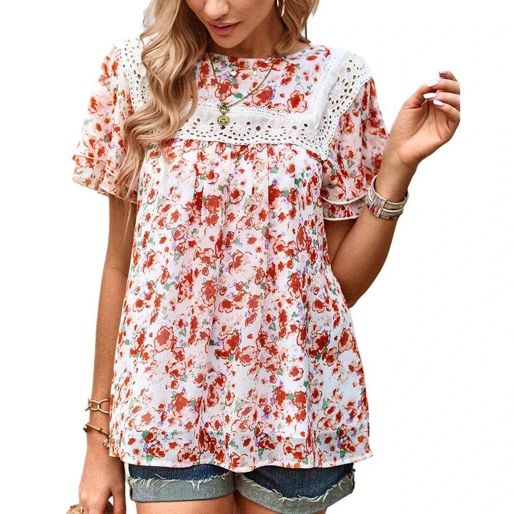 Women Floral Printed Top Short Ruffle Sleeves Lace Splicing Bust Pleated Summer Loose T Shirt Pink M