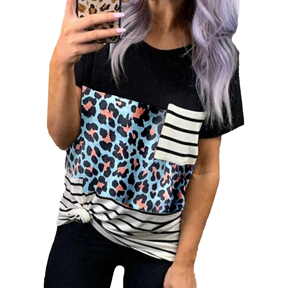 Women Round Neck T Shirt Printed Splicing Short Sleeves Loose Fitting Summer Casual Blouses Blue Patterns XXL