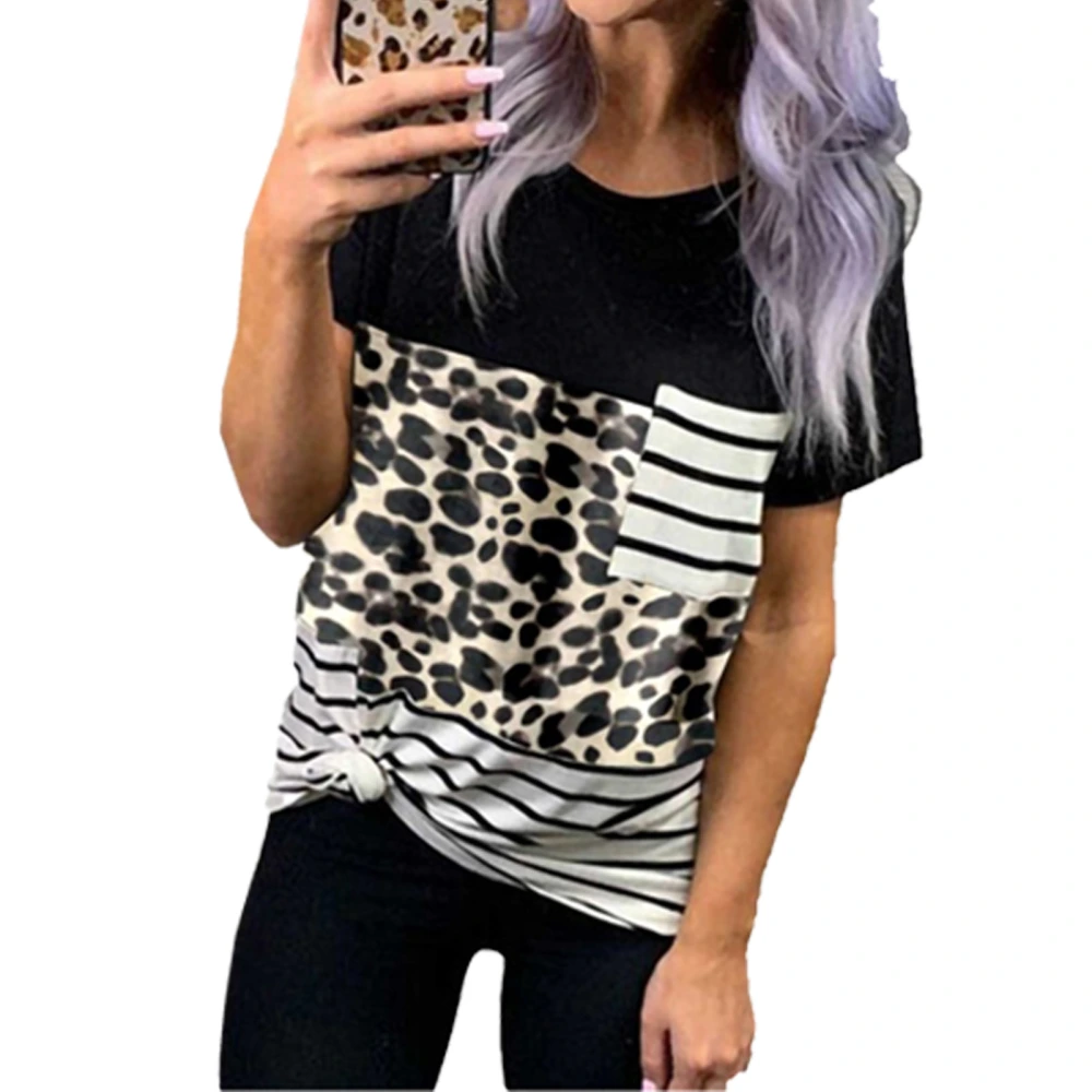 Women Round Neck T Shirt Printed Splicing Short Sleeves Loose Fitting Summer Casual Blouses Leopard Print XXL