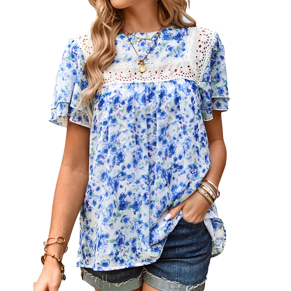 Women Floral Printed Top Short Ruffle Sleeves Lace Splicing Bust Pleated Summer Loose T Shirt Blue L