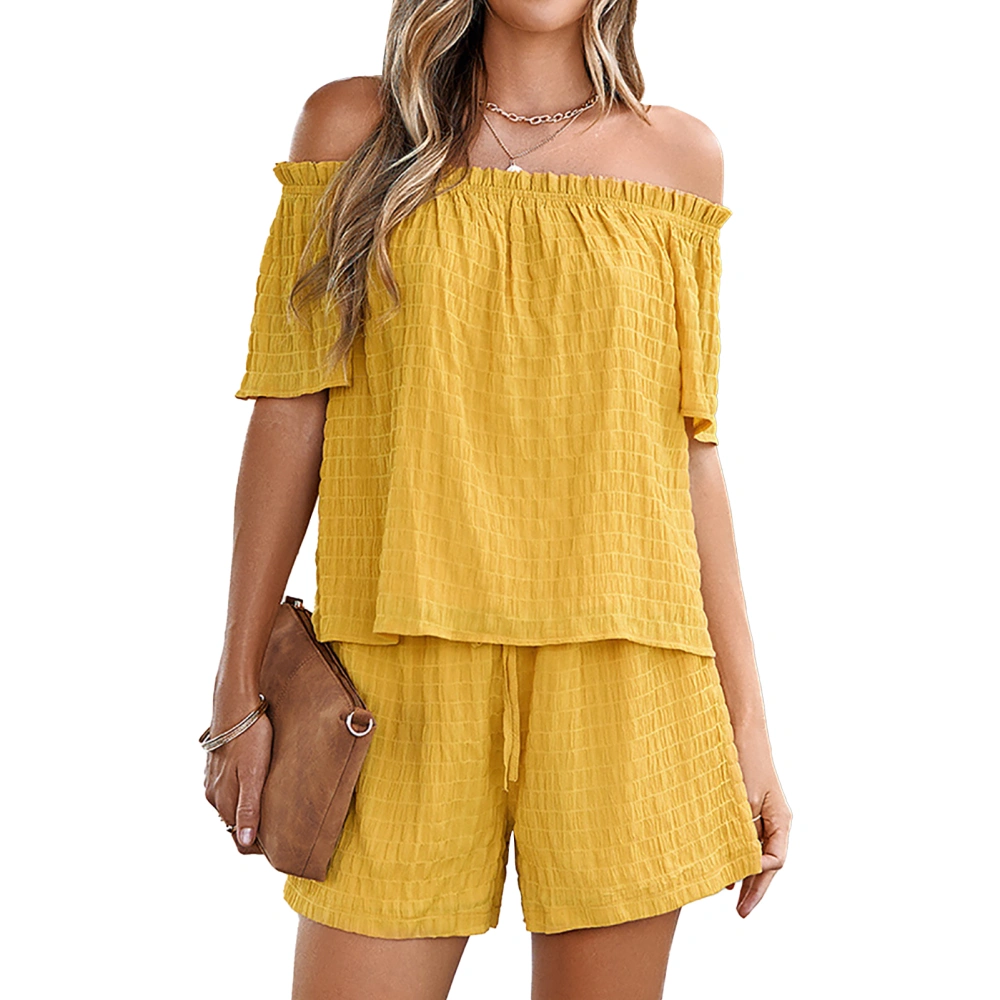 Women Off Shoulder Top Short Suits Summer Fashion Loose Pure Color Plaid Womens 2 Piece Outfits for Home Daily Travel Yellow L