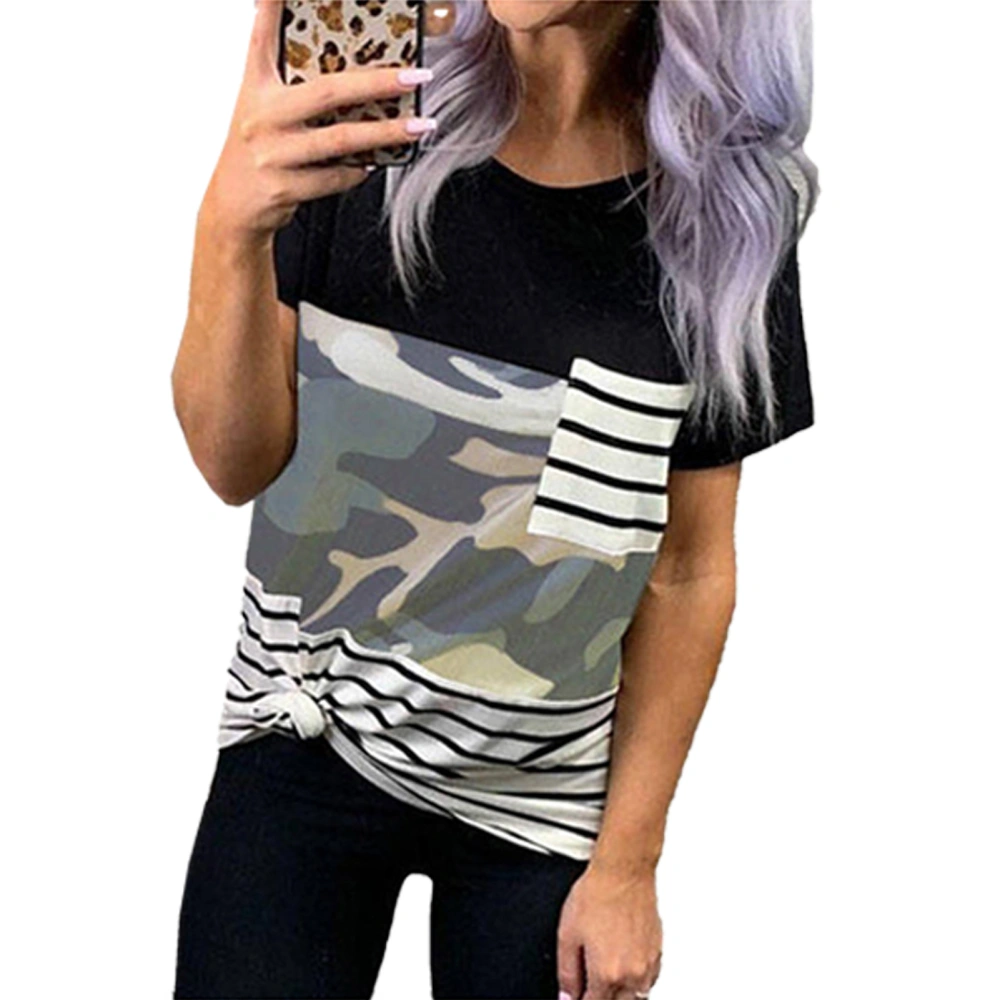 Women Round Neck T Shirt Printed Splicing Short Sleeves Loose Fitting Summer Casual Blouses Camouflage Color XXL