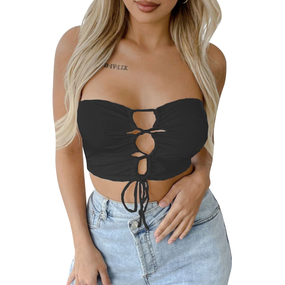 Women Strapless Tank Top Front Drawstring Hollow Up Double Wear Backless Summer Vest Black XL