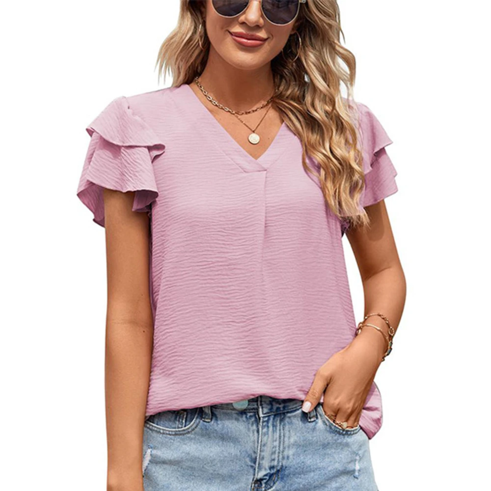 Ruffle Sleeve Blouse V Neck Pure Color Loose Fit Casual Women Short Sleeve Top for Summer Pink L