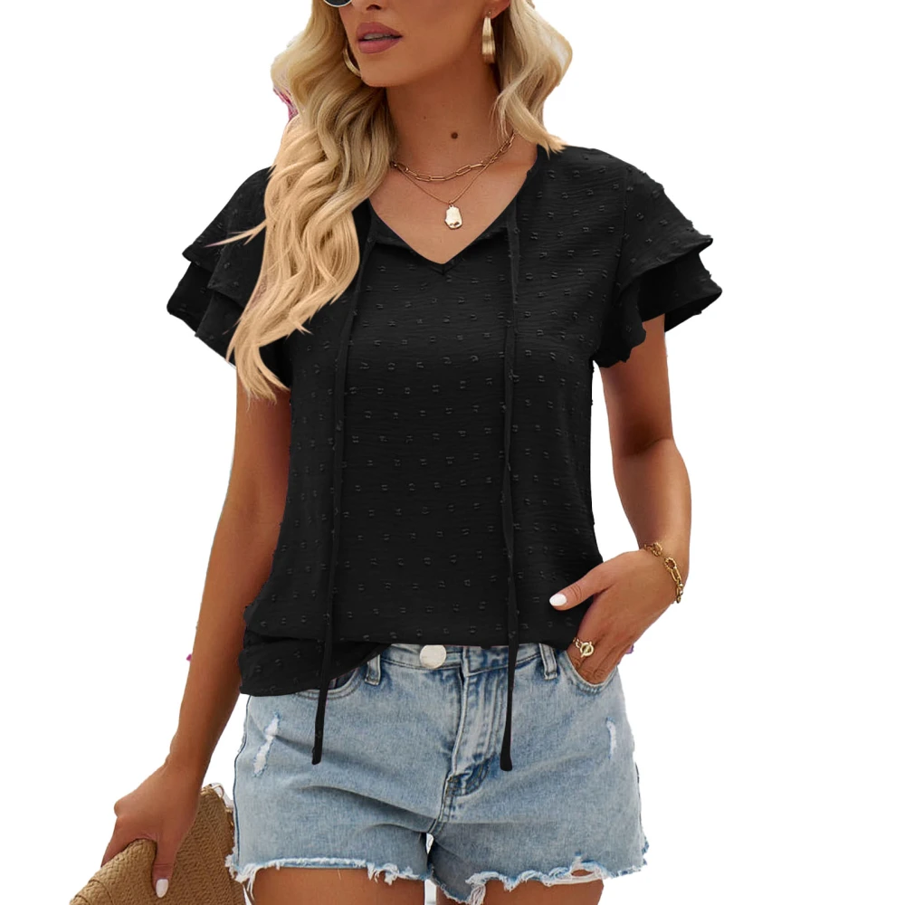 Women Summer Top Jacquard Round Neck Double Ruffle Sleeve Tie Neck Blouse for Ladies Girls Black S