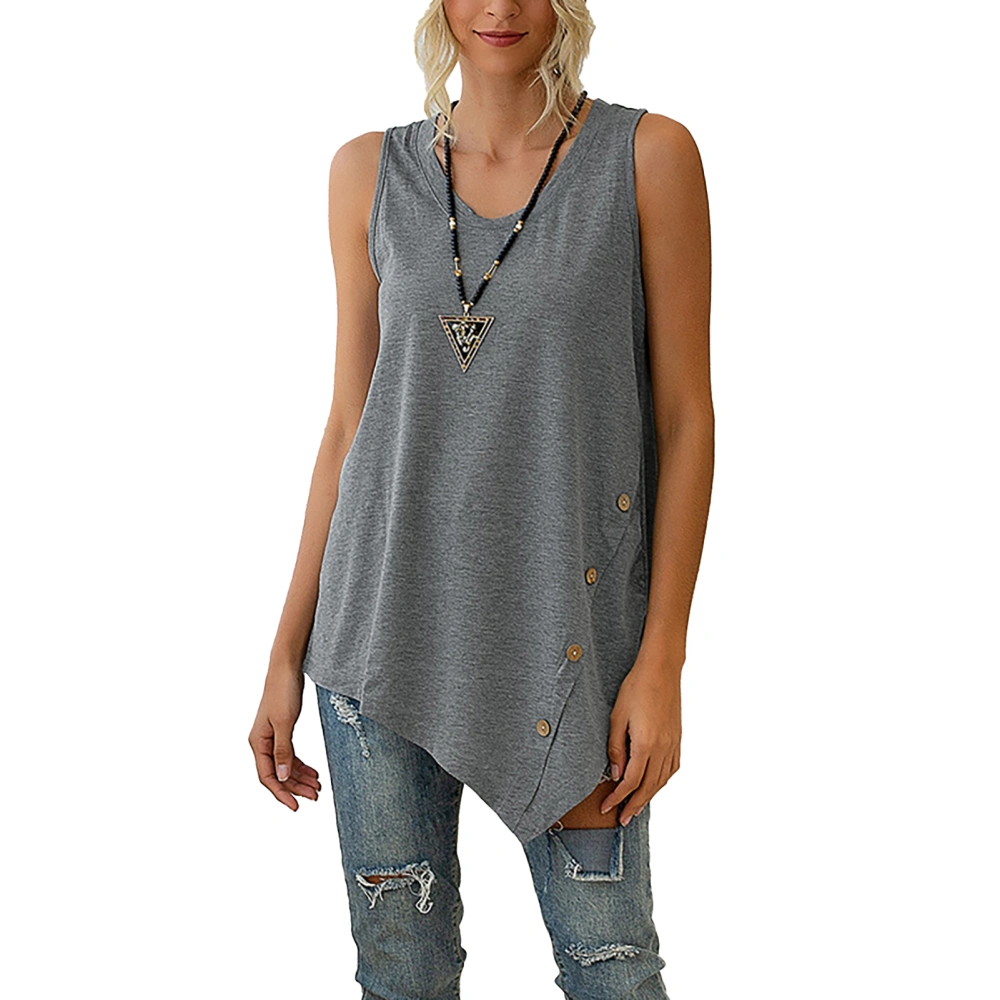 Women Asymmetrical Hem Tank Top Casual Plain Color Crewneck Button Decor Sleeveless Shirt Blouse Gray M