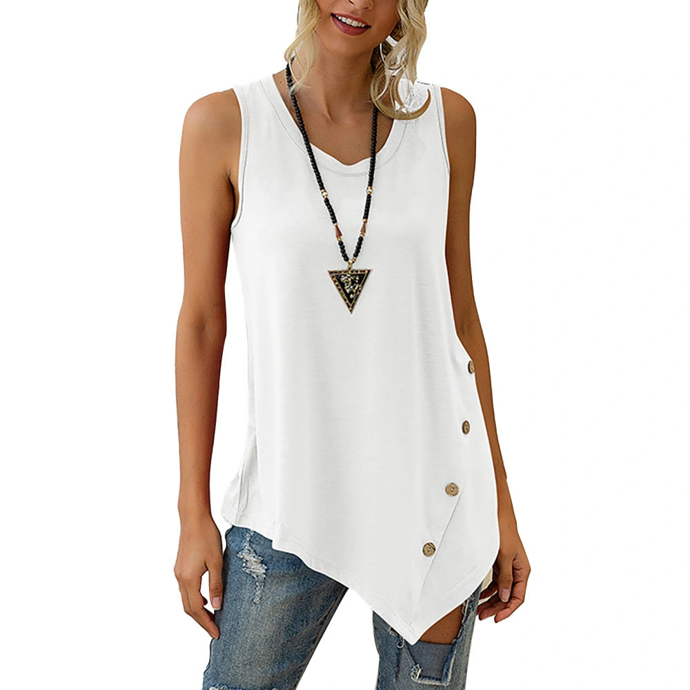 Women Asymmetrical Hem Tank Top Casual Plain Color Crewneck Button Decor Sleeveless Shirt Blouse White S