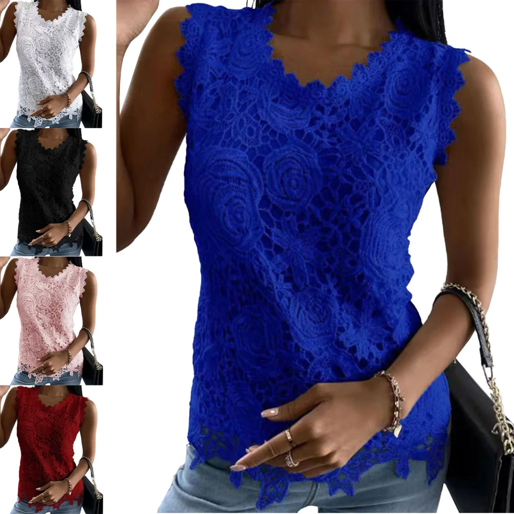 Women Sleeveless Top Floral Lace Round Neck Pure Color Women Tank Top for Daily Party Dating Travel Blue S