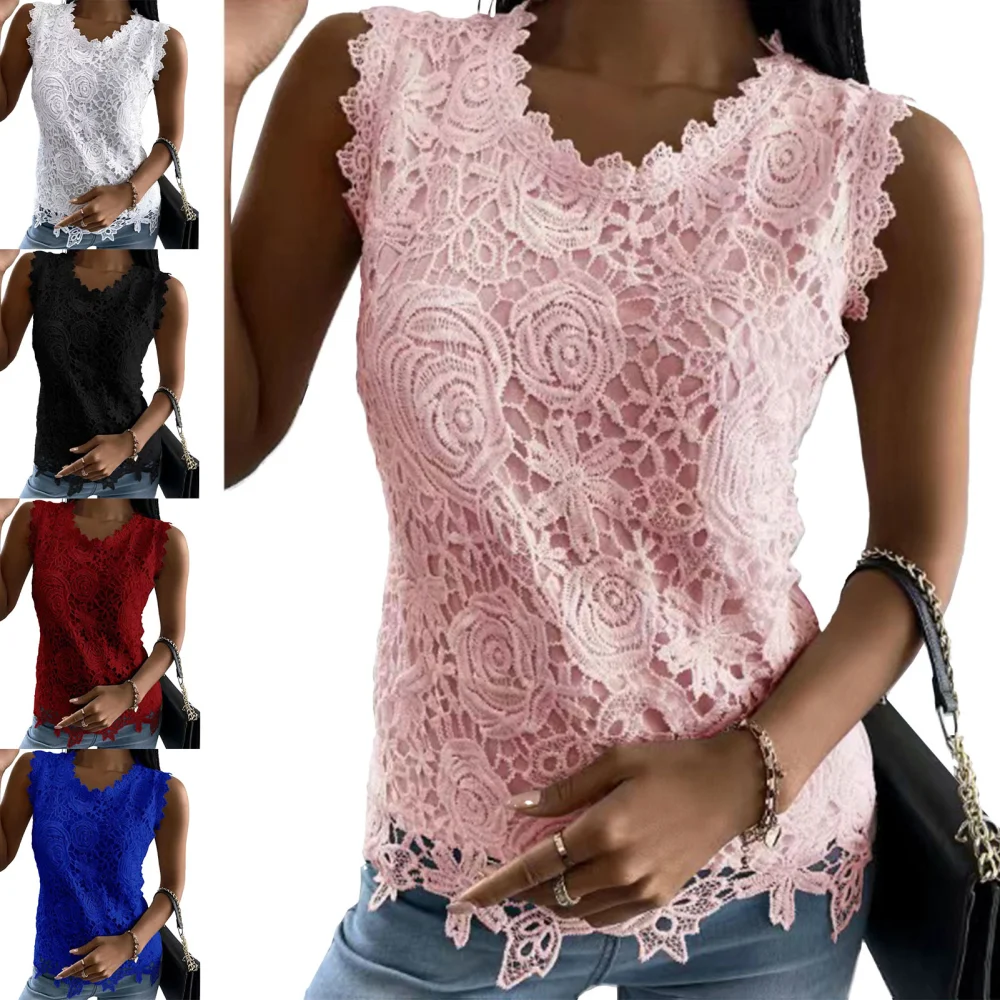 Women Sleeveless Top Floral Lace Round Neck Pure Color Women Tank Top for Daily Party Dating Travel Pink M