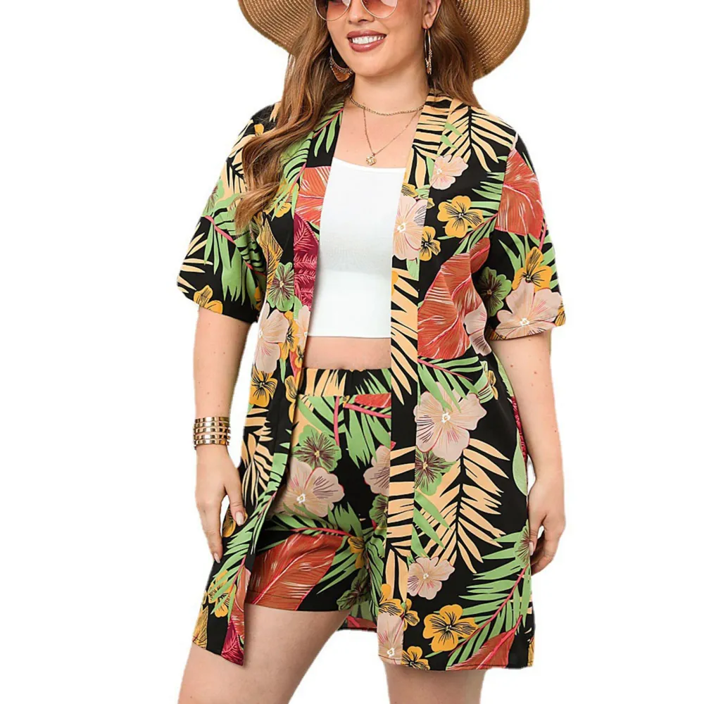 2 Piece Women Summer Outfit Set Causal Tropical Print Mid Length Open Front Outwear and Elastic Waist Pants for Holiday Black XL