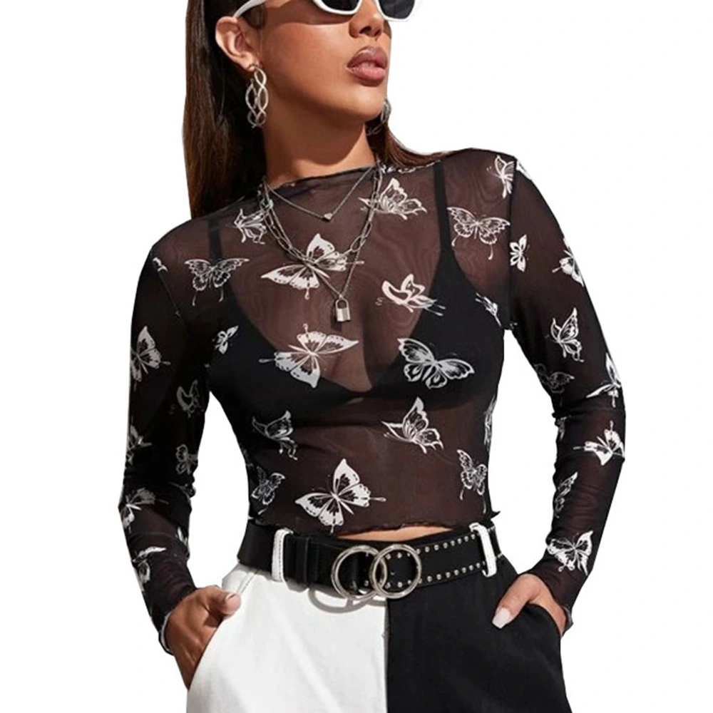 Women Mesh Top Long Sleeve Round Neck Breathable Women Printed Shirt Top for Daily Party Travel Black S