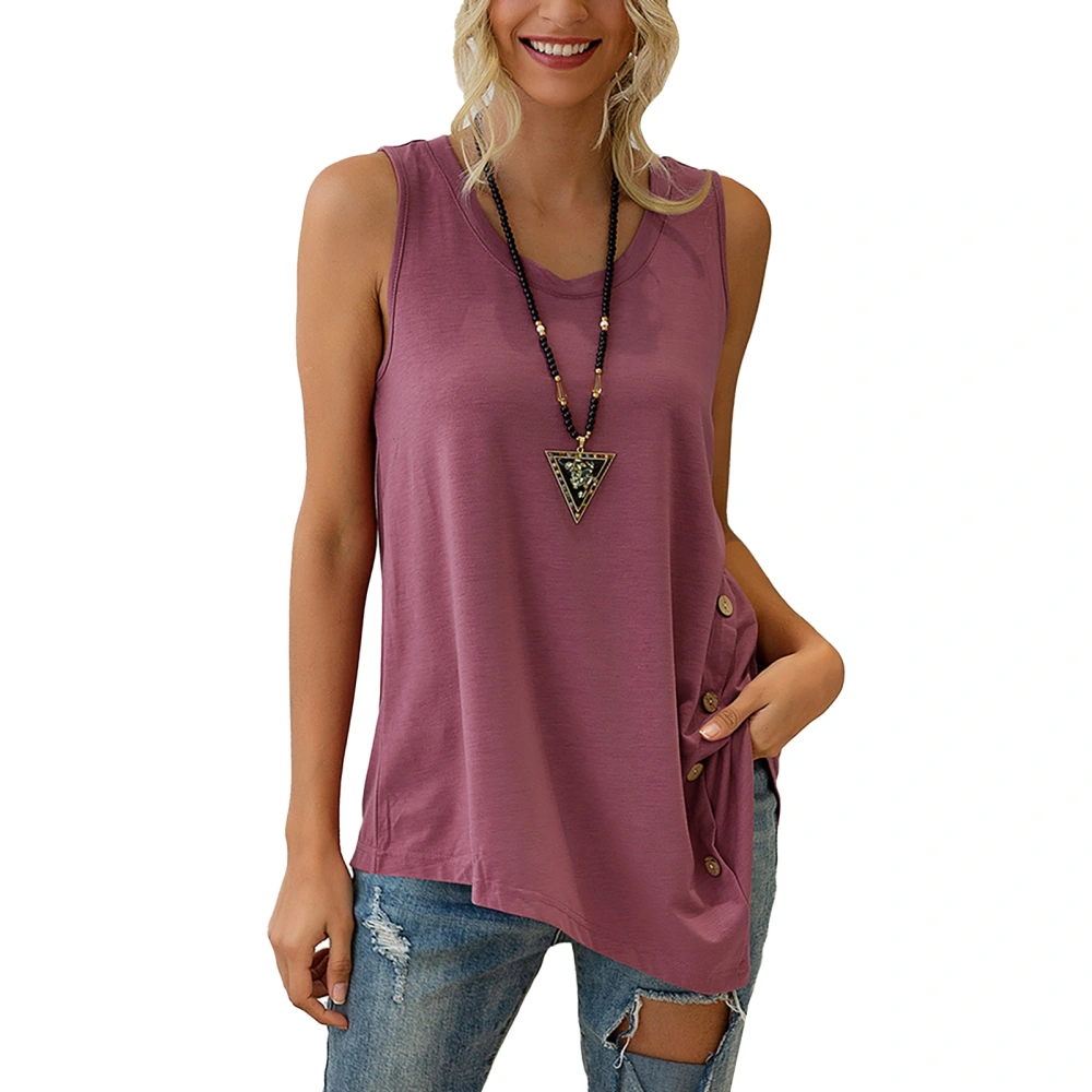 Women Asymmetrical Hem Tank Top Casual Plain Color Crewneck Button Decor Sleeveless Shirt Blouse Bean Paste Pink S