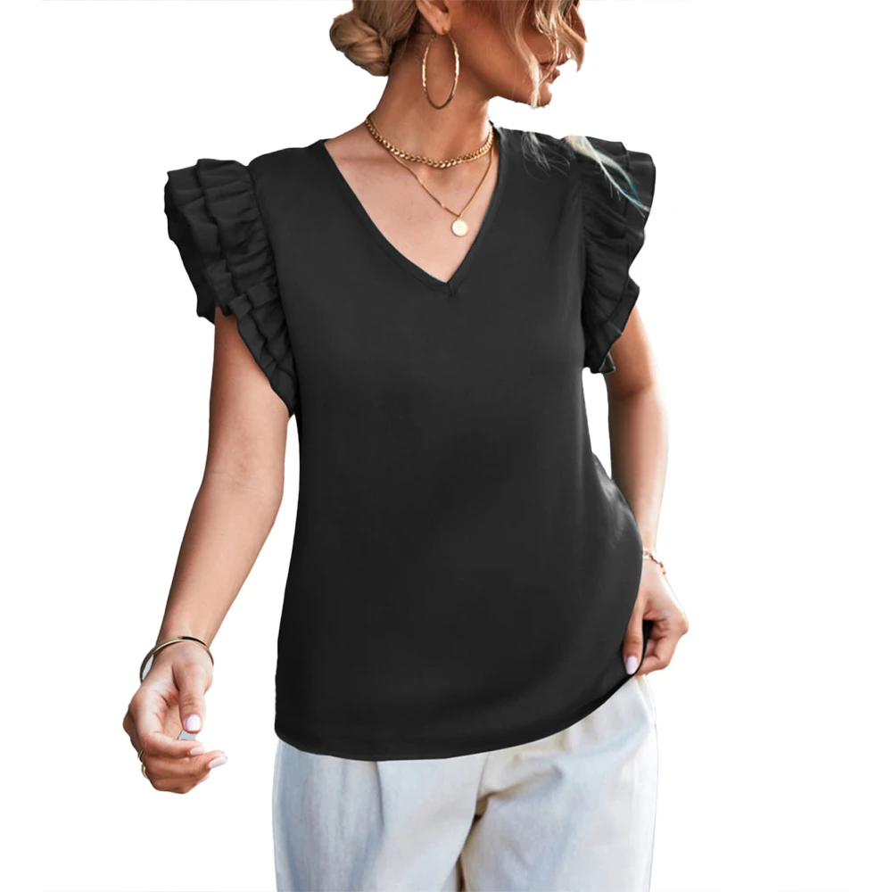 Women Ruffle Sleeve Top V Neck Pure Color Casual Lady Short Sleeve Blouse for Spring Summer Black XL