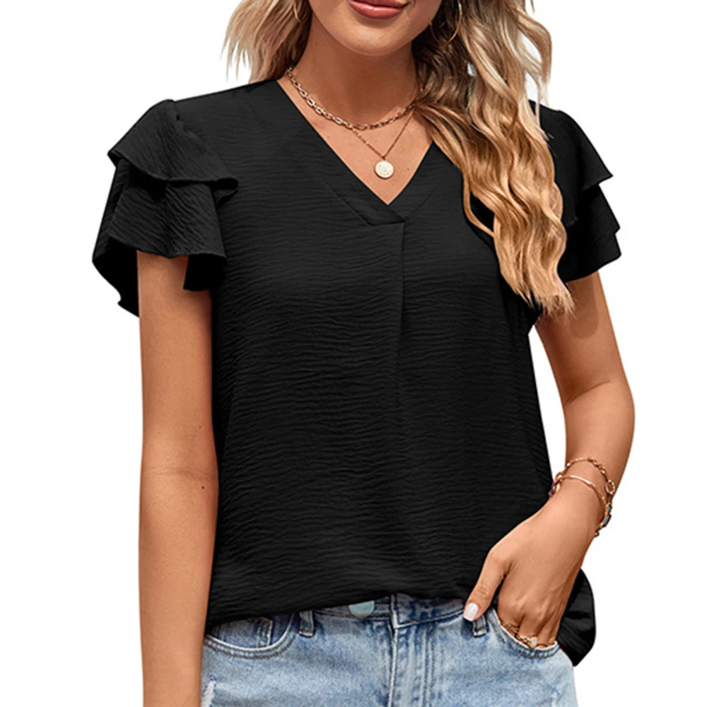 Ruffle Sleeve Blouse V Neck Pure Color Loose Fit Casual Women Short Sleeve Top for Summer Black M