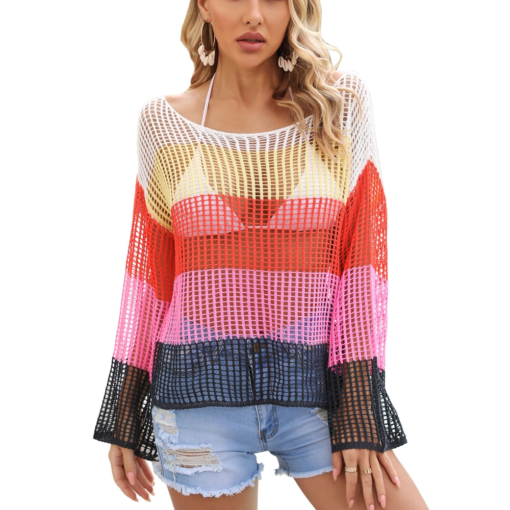 Women Crochet Hollow Out Cover Up Long Sleeve Color Block Crew Neck Beach Bikini Swimsuit Mesh Top Pink XL