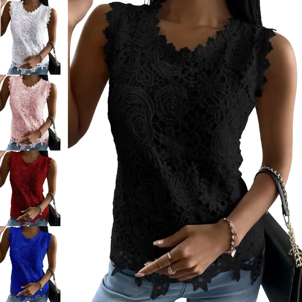 Women Sleeveless Top Floral Lace Round Neck Pure Color Women Tank Top for Daily Party Dating Travel Black M