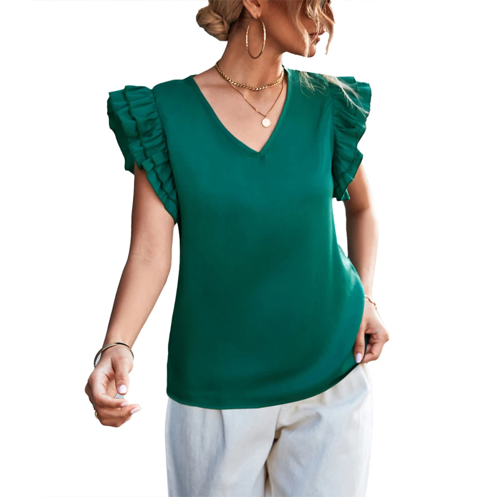 Women Ruffle Sleeve Top V Neck Pure Color Casual Lady Short Sleeve Blouse for Spring Summer Green XL