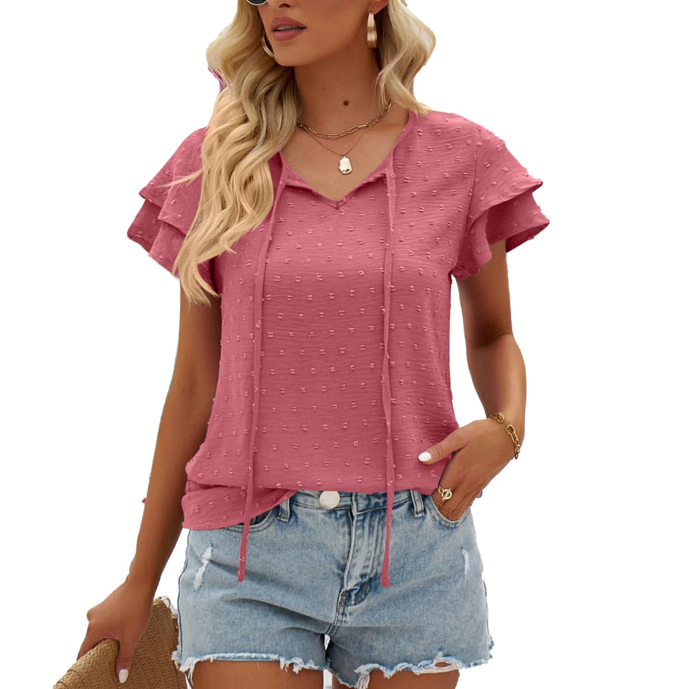 Women Summer Top Jacquard Round Neck Double Ruffle Sleeve Tie Neck Blouse for Ladies Girls Pink XXL