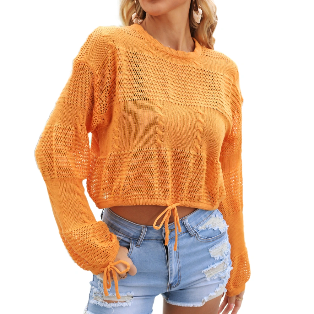 Swim Knitted Hollow Cover Drawstring Long Sleeved Drop Shoulder Bikini Knitted Hollow Cover for Beach Swimming Orange M