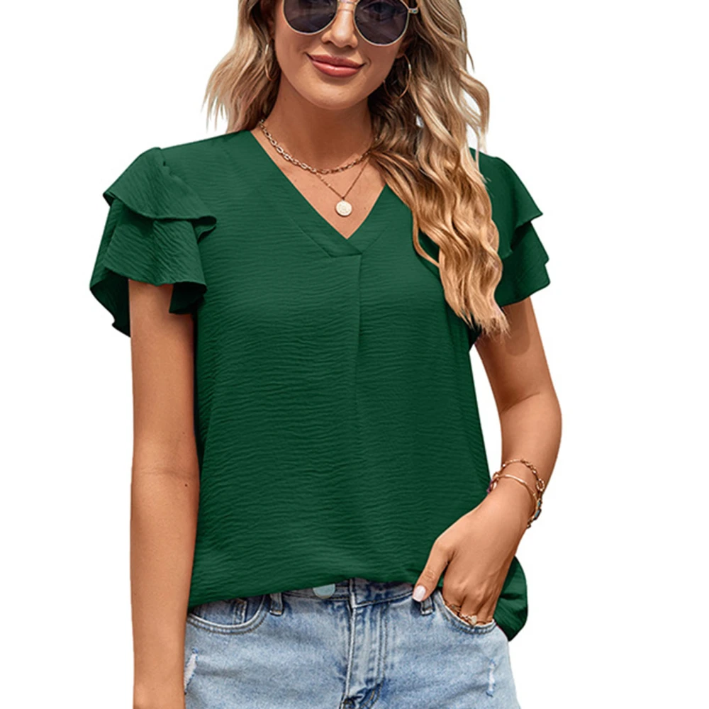 Ruffle Sleeve Blouse V Neck Pure Color Loose Fit Casual Women Short Sleeve Top for Summer Green M