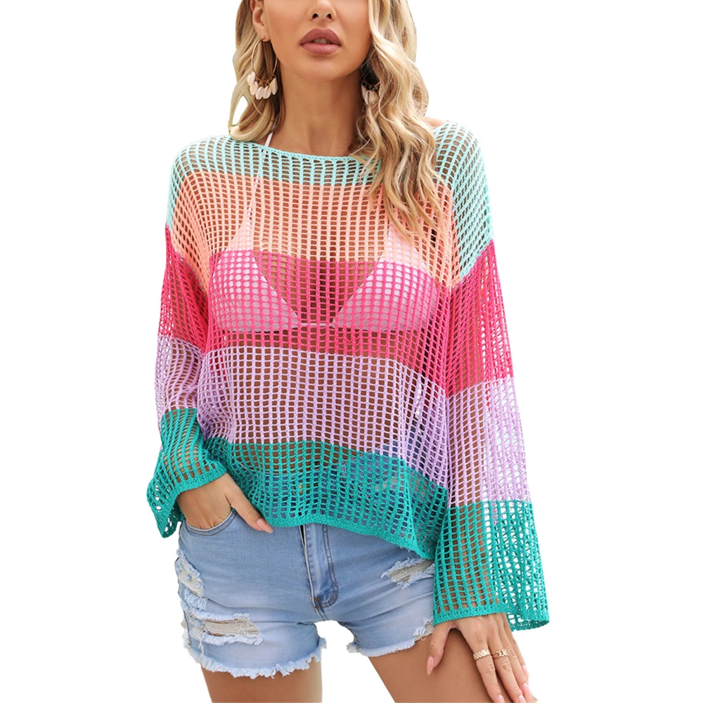 Women Crochet Hollow Out Cover Up Long Sleeve Color Block Crew Neck Beach Bikini Swimsuit Mesh Top Purple L