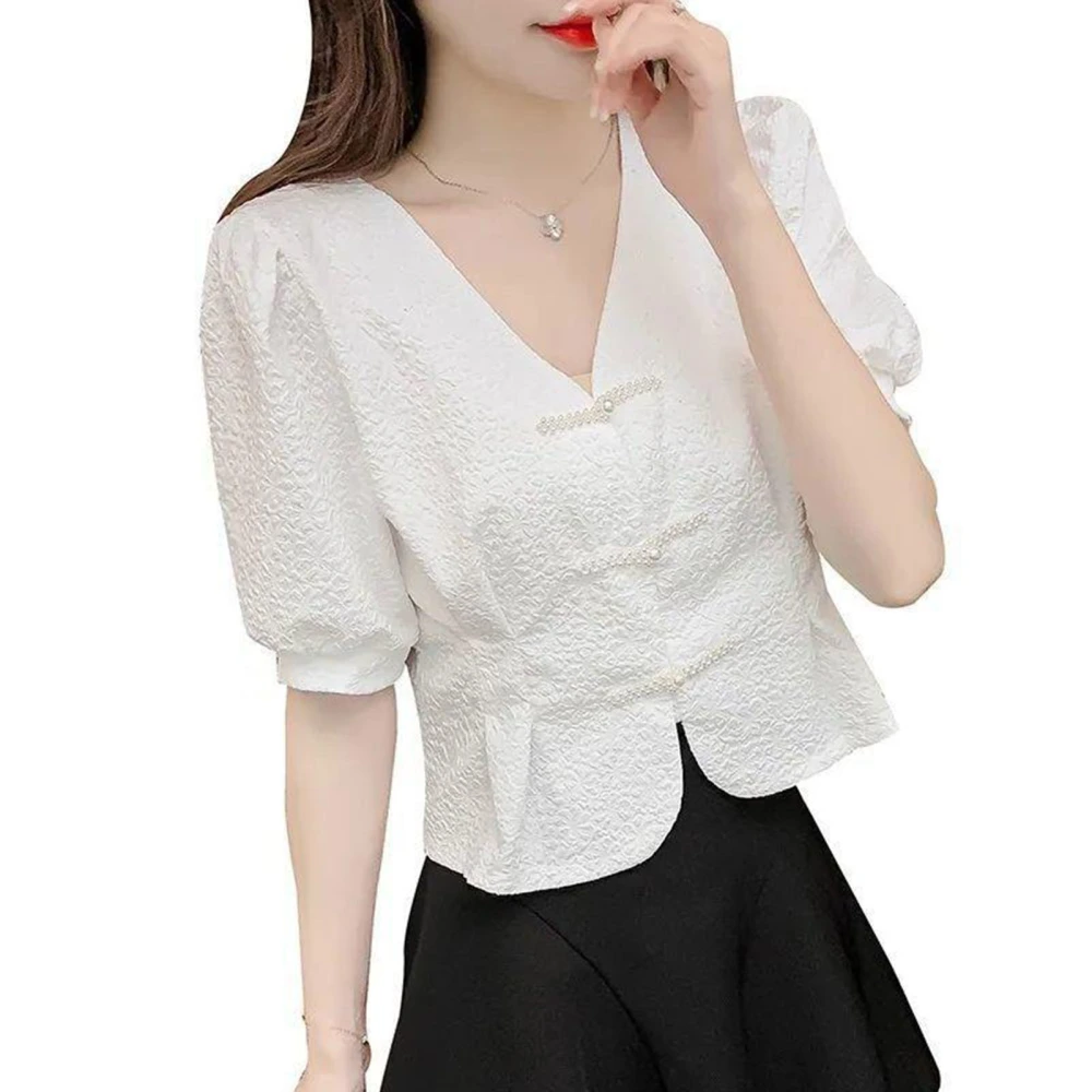 Short Sleeve Shirt Chiffon Polyester V Neck Pure Color Loose Women Summer Blouses for Office Date Apricot M