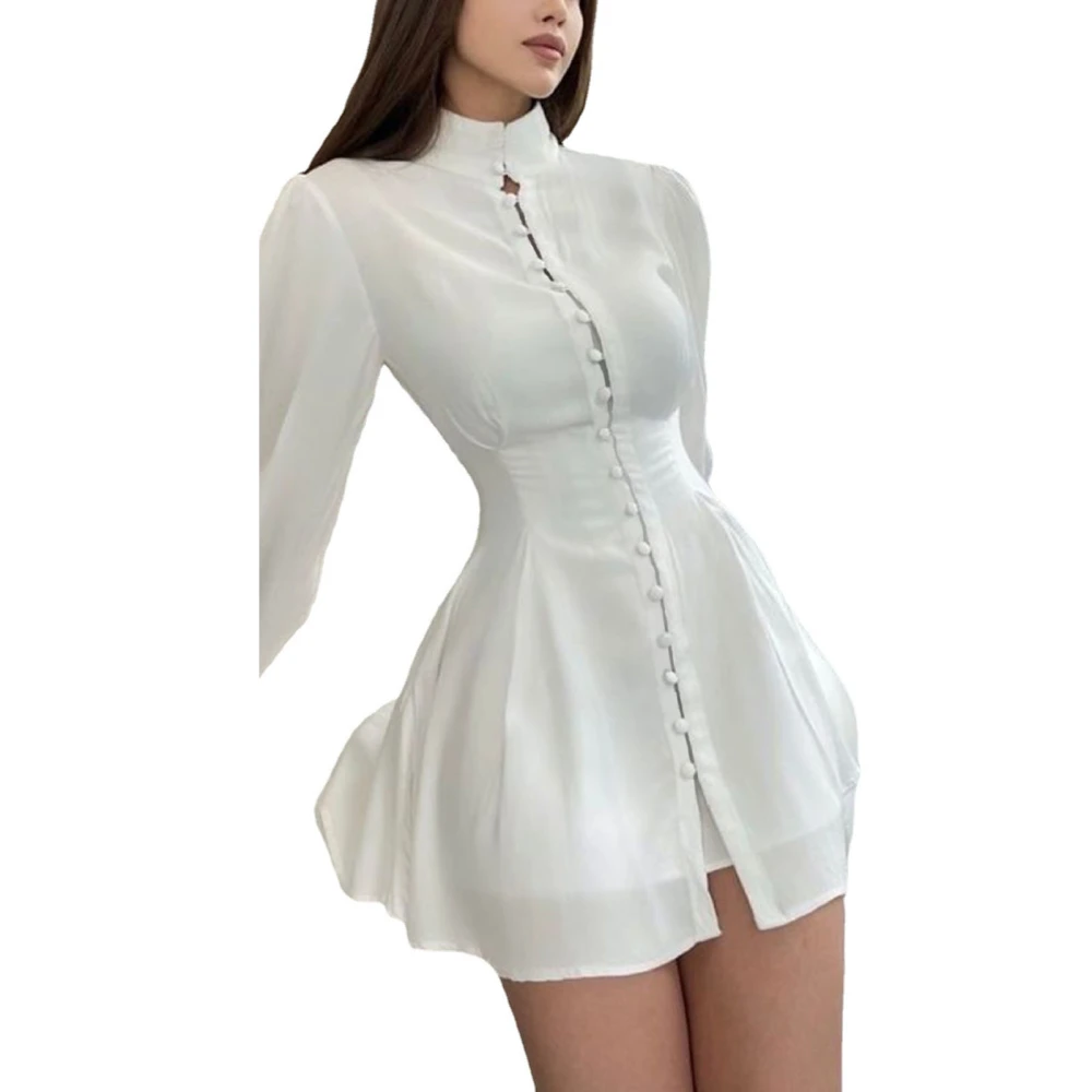 Women Mini Dress Long Sleeve Button Down High Waist Round Neck Slim Fit Women Slim Mini Dress for Party Dating White M White