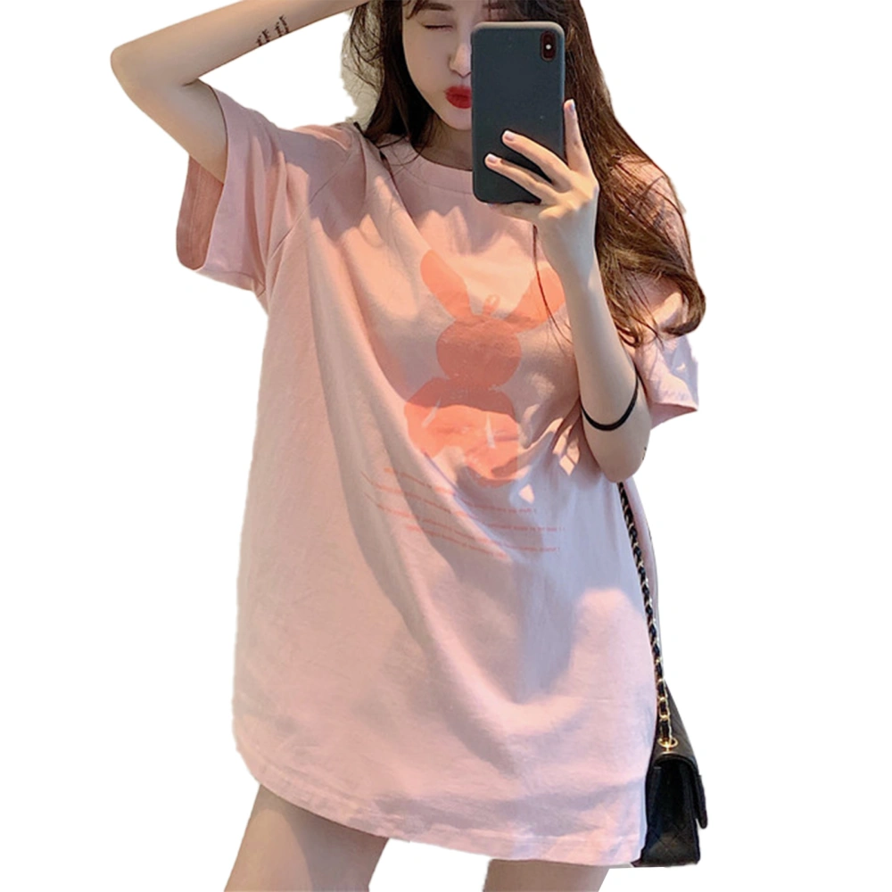 Women Short Sleeve Long T Shirt Fashionable Cute Rabbit Print Loose Student T Shirt for Summer Light Pink L