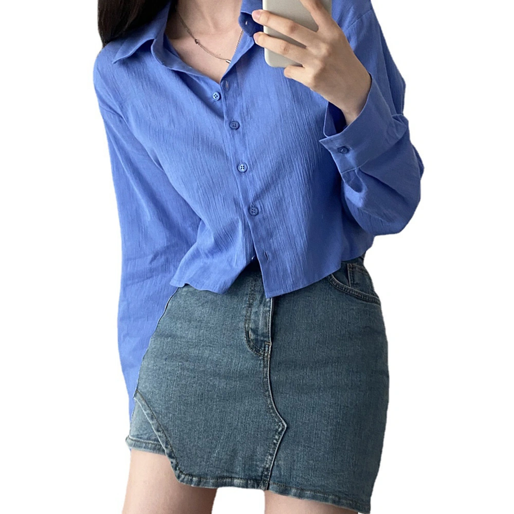 Women Autumn Shirt Long Sleeve Button Closure Tie Back Turn Down Collar Sun Protection Shirt Top Blue L