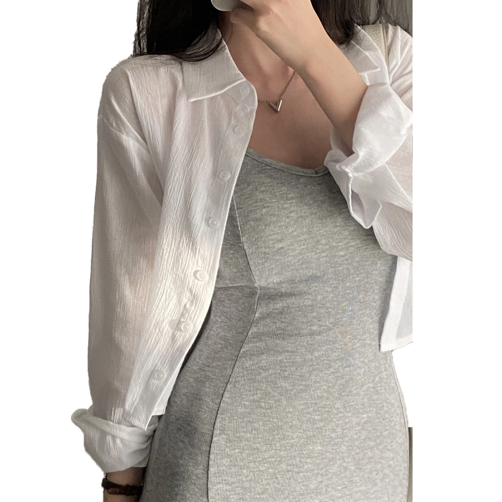 Women Autumn Shirt Long Sleeve Button Closure Tie Back Turn Down Collar Sun Protection Shirt Top White M