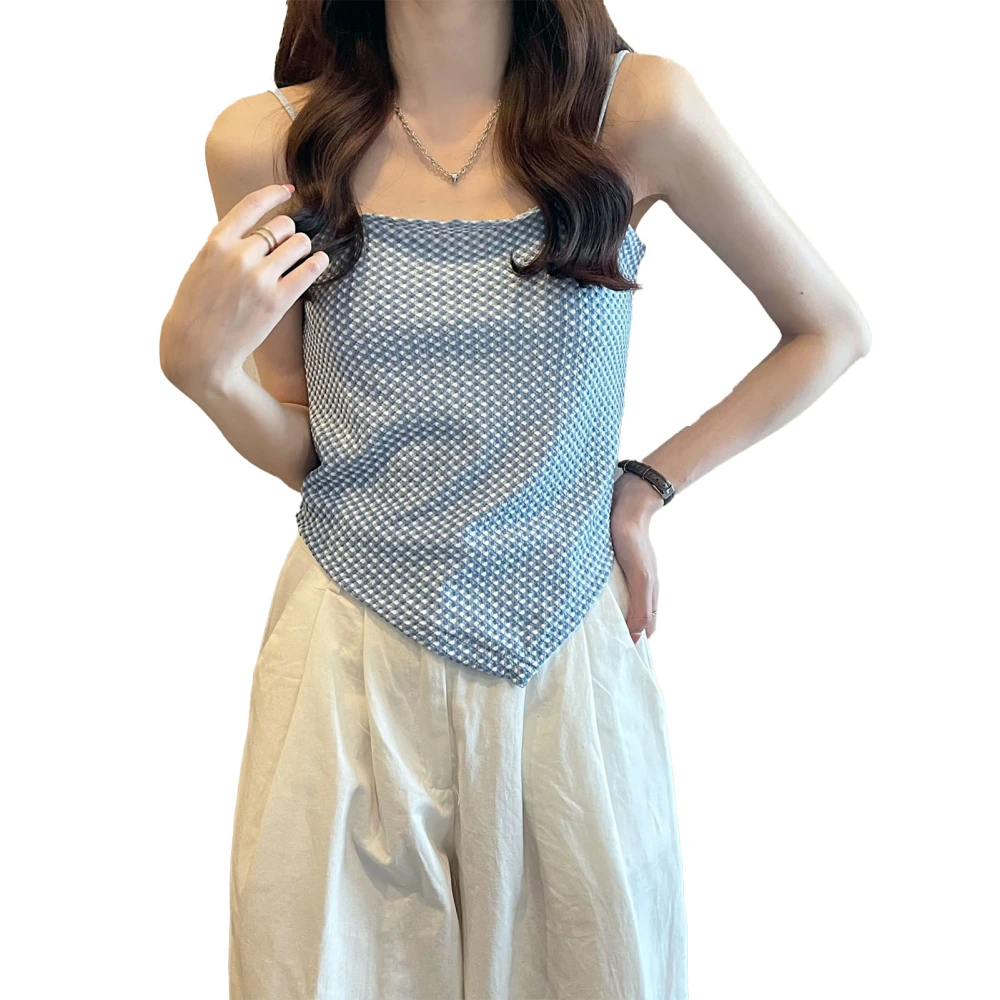 Women Summer Top Casual Spaghetti Strap Gingham Sleeveless Tank Top for Female Girls Blue Free Size